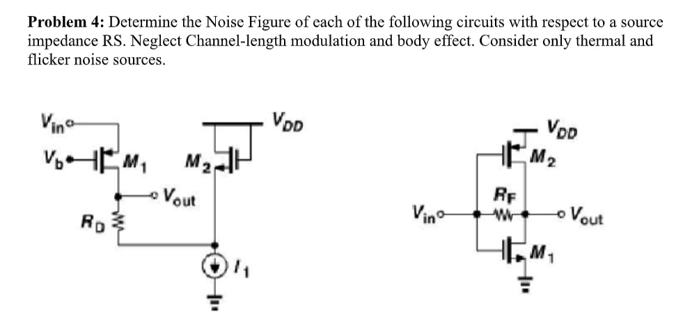 Problem 4: Determine the Noise Figure of each of the following circuits with respect to a source impedance RS. Neglect Channel-length modulation and body effect. Consider only thermal and flicker noise sources.