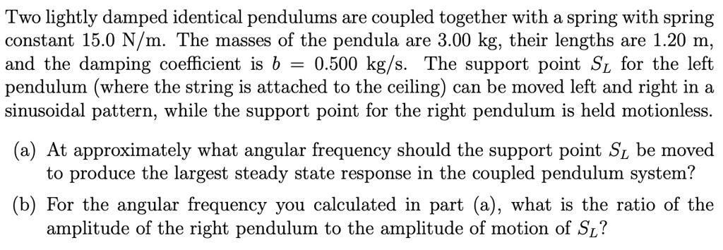 SOLVED: Two lightly damped identical pendulums are coupled together ...