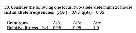 30. Consider the following one locus, two-allele, deterministic model
Initial allele frequencies: p(A1) = 0.95 q(A2) = 0.05

Genotypes A1A1 A1A2 A2A2
Relative fitness (w) 0.95 0.95 1.0