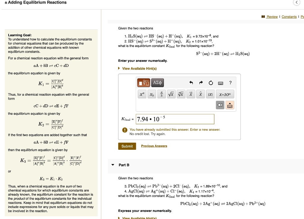 adding equilibrium reactions review i constants i p given the two ...