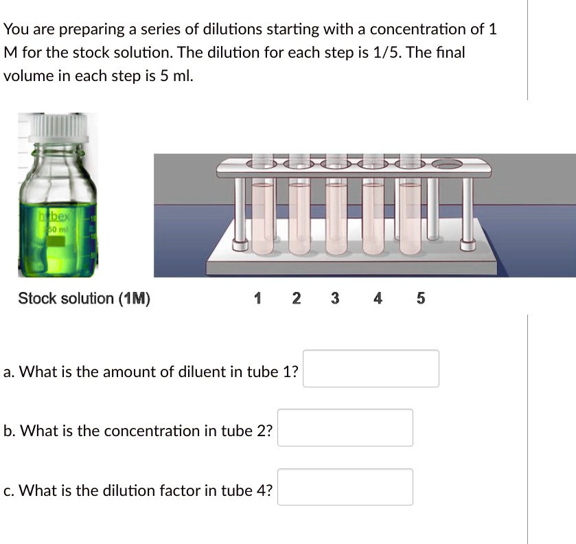 You are preparing a series of dilutions starting with a concentration of 1 M for the stock solution. The dilution for each step is 1/5. The final volume in each step is 5 ml.
Stock solution (1M)
1 2 3 4 5
a. What is the amount of diluent in tube 1?
b. What is the concentration in tube 2?
c. What is the dilution factor in tube 4?