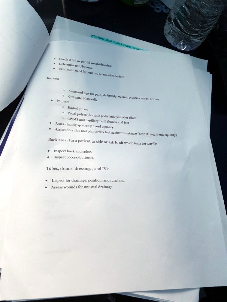 SOLVED NURSING CARE PLAN RUBRIC (LO Determine gait/balance. Check if full or partial weight