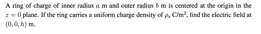 SOLVED: A ring of charge of inner radius a m and outer radius b m is ...