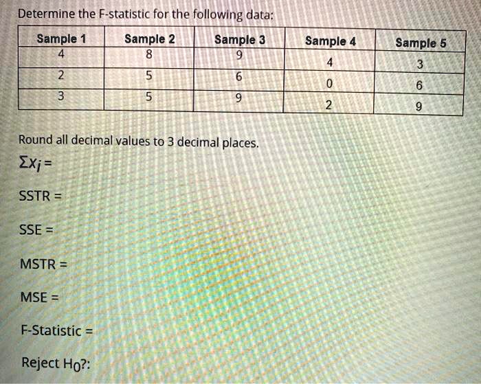 SOLVED: Determine the F-statistic for the following data: Sample 1 ...