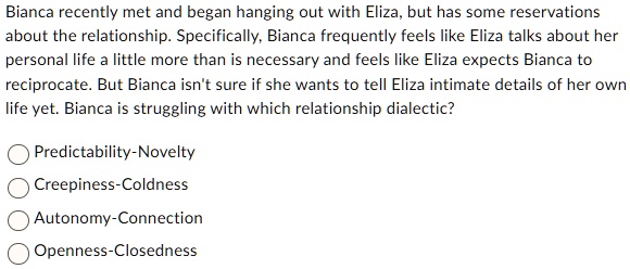 bianca recently met and began hanging out with eliza but has some reservations about the relationship specifically bianca frequently feels like eliza talks about her personal life a little m 97862