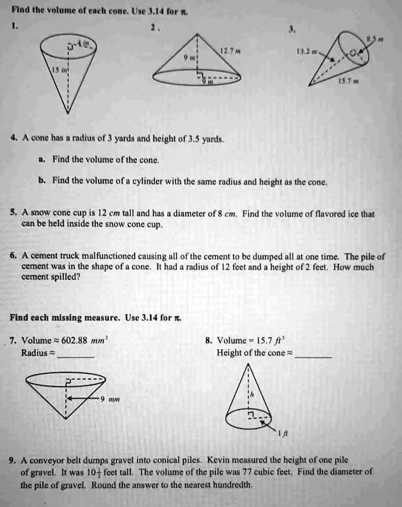 find the volume of a cone with radius 30 and height 7