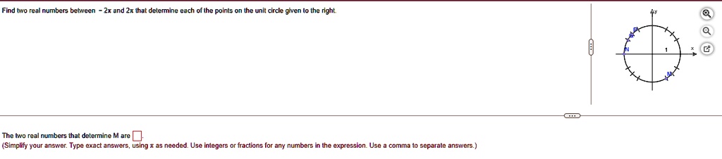 Find two real numbers between -2π and 2π that determine each of the points on the unit circle given to the right.
The two real numbers that determine M are 
(Simplify your answer. Type exact answers, using π as needed. Use integers or fractions for any numbers in the expression. Use a comma to separate answers.)