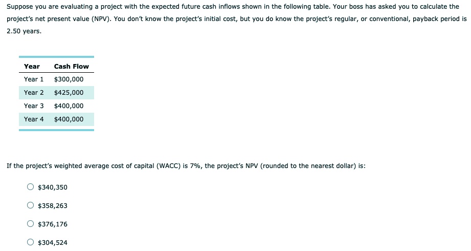 SOLVED: Suppose vou are evaluating project with the expected future ...