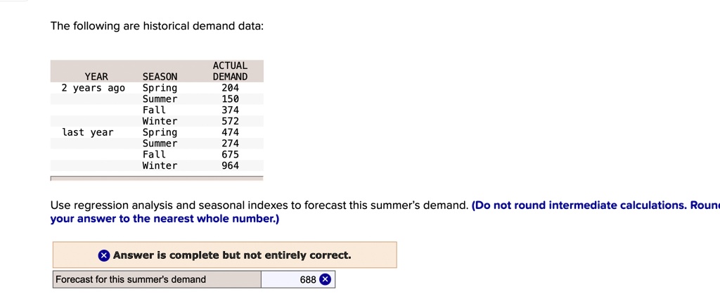 The following are historical demand data:
YEAR SEASON ACTUAL DEMAND
2 years ago Spring 204
Summer 150
Fall 374
Winter 572
last year Spring 474
Summer 274
Fall 675
Winter 964
Use regression analysis and seasonal indexes to forecast this summer's demand. (Do not round intermediate calculations. Round your answer to the nearest whole number.)
Forecast for this summer's demand 688
