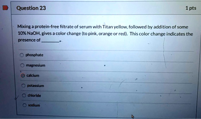 SOLVED: Mixing a protein free filtrate of serum with Titan yellow SOLVED: Mixing a protein free filtrate of serum with Titan yellow