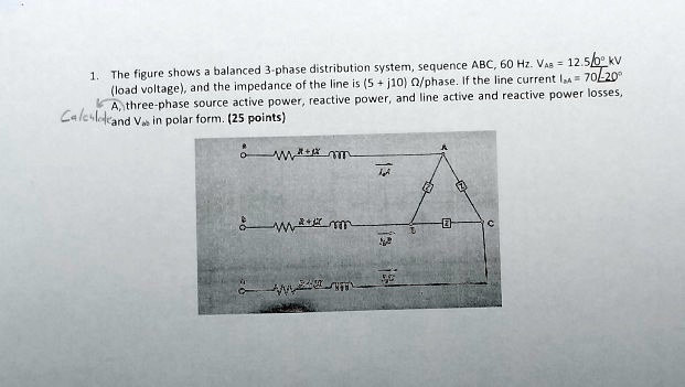 1the figure shows a balanced 3 phase distribution systemsequence abc60 hzvs125b kv load voltageand the impedance of the line is5j10phaseif the line current i7020 athree phase source active p 96295