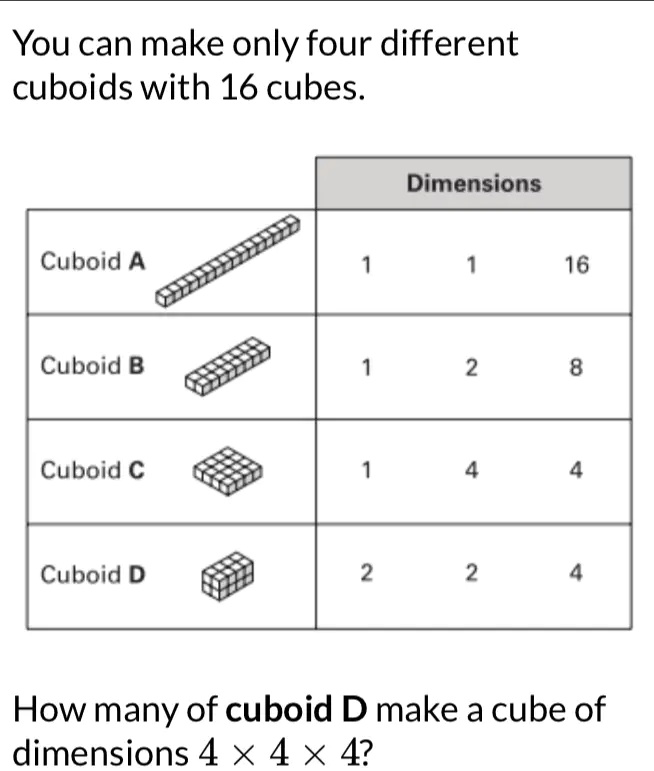 [GET ANSWER] You can make only four different cuboids with 16 cubes ...