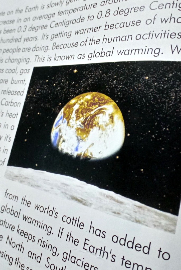 he on the Earth is slowly y
crease in an average temperature an
been 0.3 degree Centigrade to 0.8 degree Centig
hundred years. It's getting warmer because of who
people are doing. Because of the human activities
is changing. This is known as global warming. W
as coal, gas
are burnt,
released
Carbon
's heat
in a
v it's
in
of
from the world's cattle has added to
global warming. If the Earth's ter
ature keeps rising, glacie
e North and So
sing the