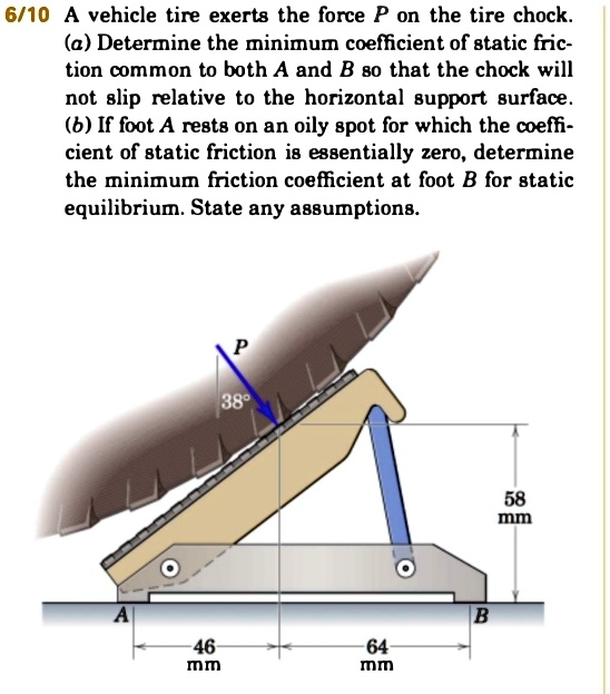 610 a vehicle tire exerts the force p on the tire chock a determine the minimum coefficient of static friction common to both a and b so that the chock will not slip relative to the horizont 04107