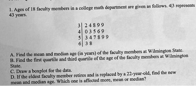 1. Ages of 18 faculty members in a college math department are given as follows. 4|3 represents 43 years.

3 | 2 4 8 9 9
4 | 0 3 5 6 9
5 | 3 4 7 8 9 9
6 | 3 8

A. Find the mean and median age (in years) of the faculty members at Wilmington State.
B. Find the first quartile and third quartile of the age of the faculty members at Wilmington State.
C. Draw a boxplot for the data.
D. If the eldest faculty member retires and is replaced by a 22-year-old, find the new mean and median age. Which one is affected more, mean or median?