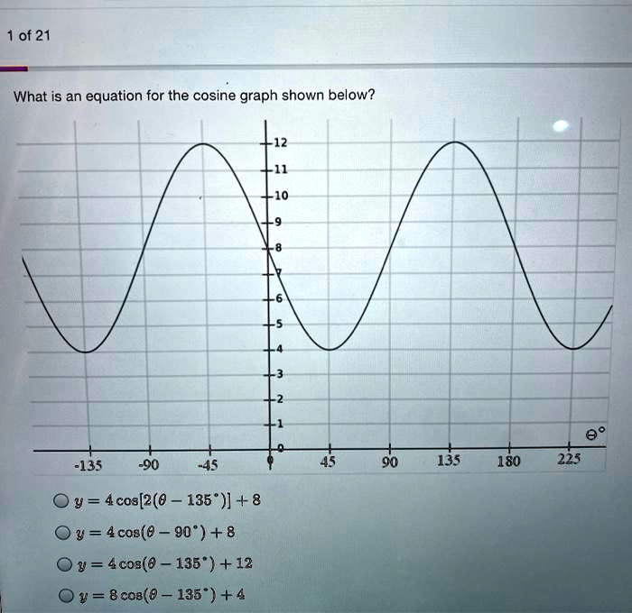What is an equation for the cosine graph shown below?
y = 4cos[2(? - 135°)] + 8
y = 4cos(? - 90°) + 8
y = 4cos(? - 135°) + 12
y = 8cos(? - 135°) + 4