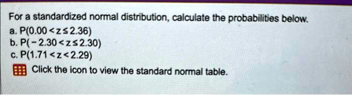 For a standardized normal distribution, calculate the probabilities below.
a. P(0.00 <z?2.36)
b. P(-2.30<z?2.30)
c. P(1.71<z<2.29)
Click the icon to view the standard normal table.
