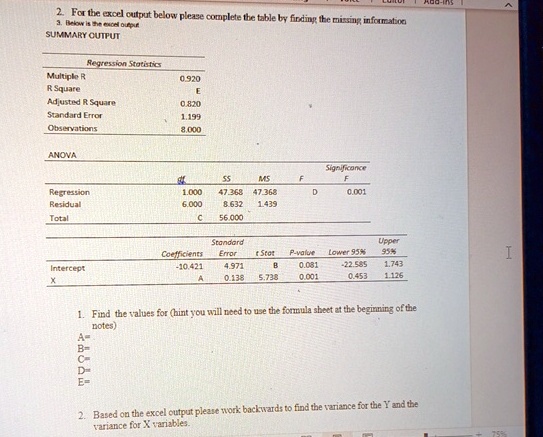 2. For the excel output below please complete the table by finding the missing information
3. Below is the excell output
SUMMARY OUTPUT
Regression Statistics
Multiple R
0.920
R Square
E
Adjusted R Square
0.820
Standard Error
1.199
Observations
8.000
ANOVA
Regression
Residual
Total
Intercept
X
Significance
SS
MS
F
F
1.000 47.368 47.368
D
0.001
6.000
C
8.632 1.439
56.000
Coefficients
Standard
Error
t Stat
P-value
Lower 95%
Upper
95%
-10.421
4.971
B
0.081
-22.585
1.743
A
0.138 5.738
0.001
0.453
1.126
1. Find the values for (hint you will need to use the formula sheet at the beginning of the
notes)
A=
B=
C=
D=
E=
2. Based on the excel output please work backwards to find the variance for the Y and the
variance for X variables.