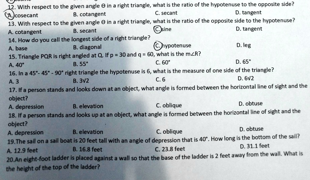 SOLVED 12. With respect to the given angle Î¸ in a right triangle