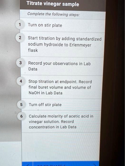 Titrate vinegar sample Complete the following steps Turn on stir plate