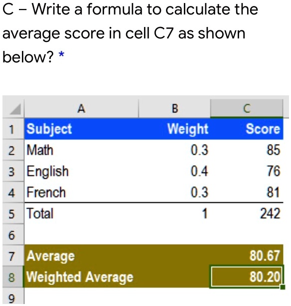 SOLVED: C - Write a formula to calculate the average score in cell C7 ...