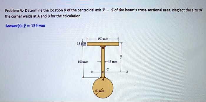 Problem 4.- Determine the location y? of the centroidal axis x? – x? of the beam’s cross-sectional area. Neglect the size of the corner welds at A and B for the calculation.
Answer(s): y? = 154 mm
