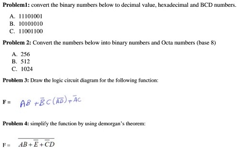 SOLVED: Problem: Convert the binary numbers below to decimal value