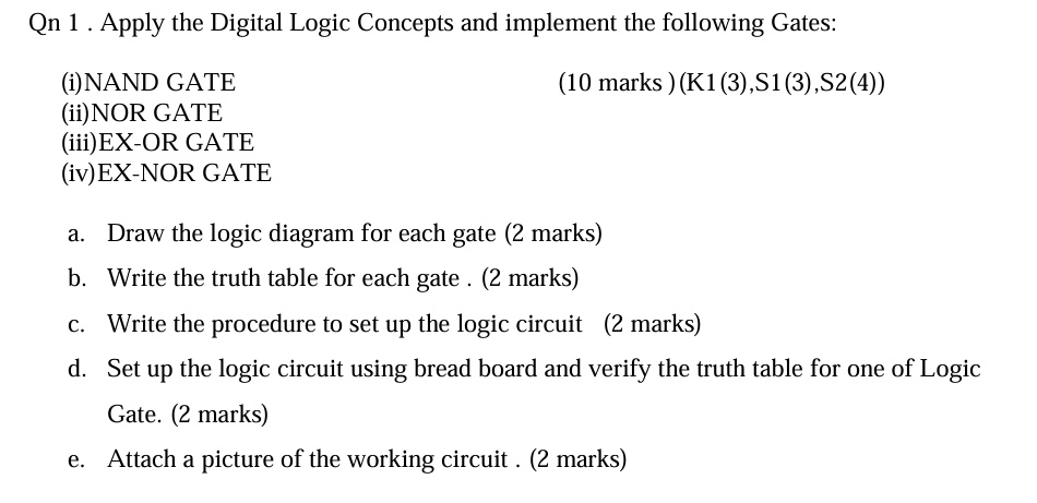 qn 1 apply the digital logic concepts and implement the following gates inand gate iinor gate iiiex or gate iv ex nor gate 10 marks k13s13s24 a draw the logic diagram for each gate 2 marks b 23849