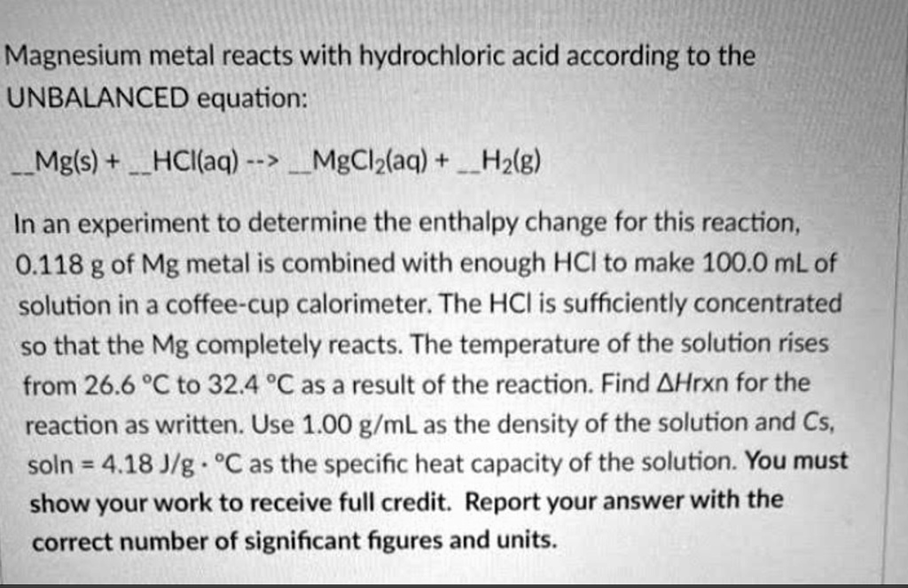magnesium metal reacts with hydrochloric acid according to the