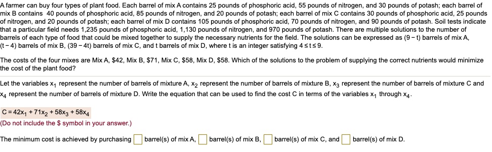 SOLVED: Farmer Can Buy Four Types Of Plant Food. Each Barrel Of Mix ...