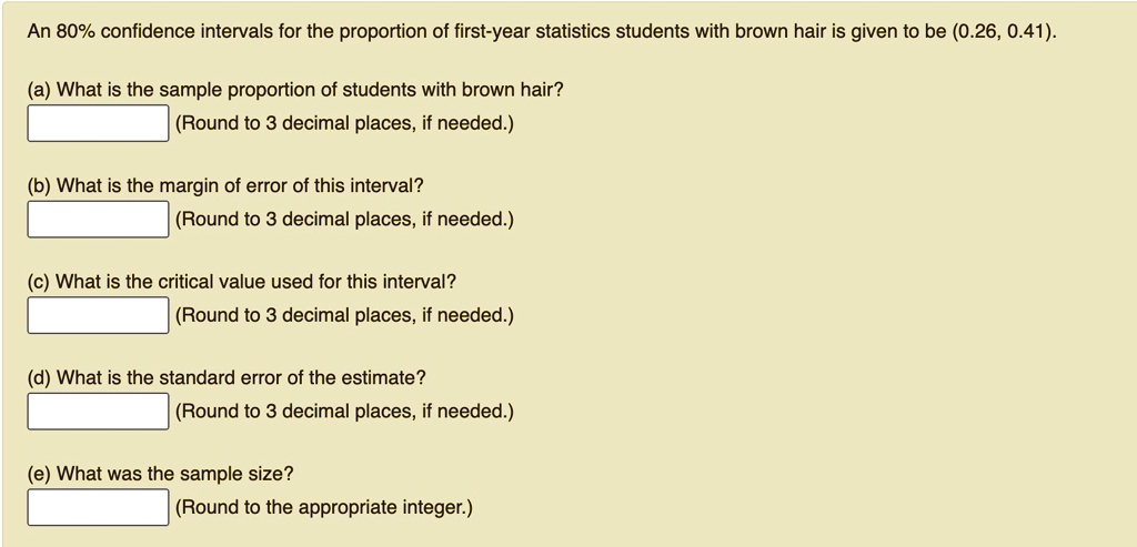 An 80% confidence intervals for the proportion of first-year statistics students with brown hair is given to be (0.26, 0.41).

(a) What is the sample proportion of students with brown hair?
(Round to 3 decimal places, if needed.)

(b) What is the margin of error of this interval?
(Round to 3 decimal places, if needed.)

(c) What is the critical value used for this interval?
(Round to 3 decimal places, if needed.)

(d) What is the standard error of the estimate?
(Round to 3 decimal places, if needed.)

(e) What was the sample size?
(Round to the appropriate integer.)