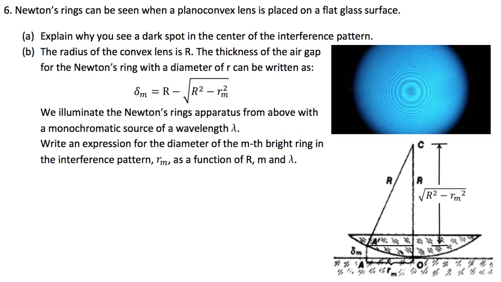 SOLVED: Newton's rings are observed in the reflected light of wave length  5900 Å. The diameter of 10th dark ring is 0.5 cm. Find the radius of  curvature of the lens used.