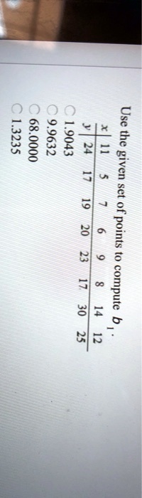 Use the given set of points to compute b1.

    x     11     5     7     6     9     8     14     12 
     y     24     17     19     20     23     17     30     25

1.9043 

9.9632 

68.0000 

1.3235