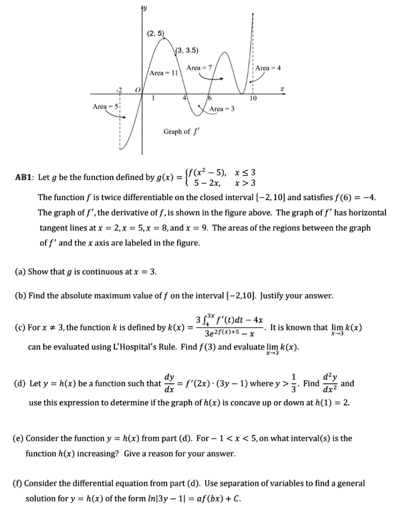 AB1: Let g be the function defined by g(x) = f(x^2 - 5), x <= 3; 5 - 2x, x > 3
The function f is twice differentiable on the closed interval [-2, 10] and satisfies f(6) = -4. The graph of f', the derivative of f, is shown in the figure above. The graph of f' has horizontal tangent lines at x = 2, x = 5, x = 8, and x = 9. The areas of the regions between the graph of f' and the x axis are labeled in the figure.

(a) Show that g is continuous at x = 3.

(b) Find the absolute maximum value of f on the interval [-2, 10]. Justify your answer.

(c) For x != 3, the function k is defined by k(x) = (3 integral from 4 to 3x f'(t)dt - 4x) / (3e^(2f(x)+5) - x). It is known that limx->3 k(x) can be evaluated using L'Hospital's Rule. Find f(3) and evaluate limx->3 k(x).

(d) Let y = h(x) be a function such that dy/dx = f'(2x) * (3y - 1) where y > 1/3. Find d^2y/dx^2 and use this expression to determine if the graph of h(x) is concave up or down at h(1) = 2.

(e) Consider the function y = h(x) from part (d). For -1 < x < 5, on what interval(s) is the function h(x) increasing? Give a reason for your answer.

(f) Consider the differential equation from part (d). Use separation of variables to find a general solution for y = h(x) of the form ln|3y - 1| = af(bx) + C.