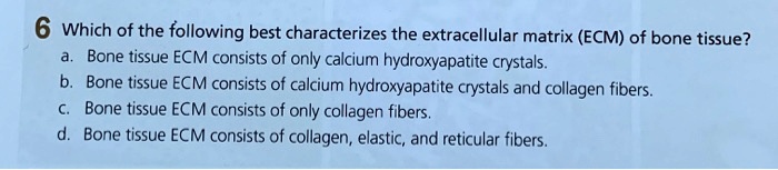 6 Which of the following best characterizes the extracellular matrix (ECM) of bone tissue?
a. Bone tissue ECM consists of only calcium hydroxyapatite crystals.
b. Bone tissue ECM consists of calcium hydroxyapatite crystals and collagen fibers.
c. Bone tissue ECM consists of only collagen fibers.
d. Bone tissue ECM consists of collagen, elastic, and reticular fibers.