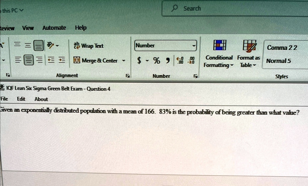Given an exponentially distributed population with a mean of 166. 83% is the probability of being greater than what value?