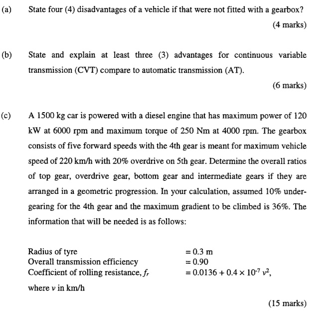 SOLVED (a) State four disadvantages of a vehicle that is not fitted with a gearbox. (4 marks