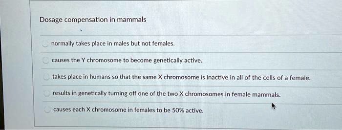 Dosage compensation in mammals
normally takes place in males but not females.
causes the Y chromosome to become genetically active.
takes place in humans so that the same X chromosome is inactive in all of the cells of a female.
results in genetically turning off one of the two X chromosomes in female mammals.
causes each X chromosome in females to be 50% active.