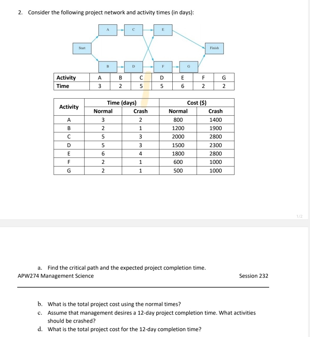 2. Consider the following project network and activity times (in days):

Activity | A | B | C | D | E | F | G
Time | 3 | 2 | 5 | 5 | 6 | 2 | 2

Activity | Time (days) Normal | Time (days) Crash | Cost () Normal | Cost () Crash
A | 3 | 2 | 800 | 1400
B | 2 | 1 | 1200 | 1900
C | 5 | 3 | 2000 | 2800
D | 5 | 3 | 1500 | 2300
E | 6 | 4 | 1800 | 2800
F | 2 | 1 | 600 | 1000
G | 2 | 1 | 500 | 1000

a. Find the critical path and the expected project completion time.
b. What is the total project cost using the normal times?
c. Assume that management desires a 12-day project completion time. What activities should be crashed?
d. What is the total project cost for the 12-day completion time?