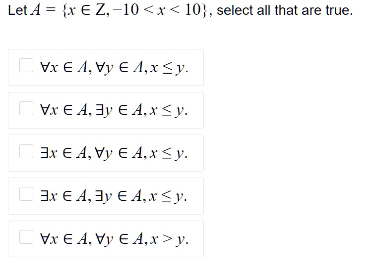 Solved Let A X A Z 10 X 10 Select All That Are True Vx A A Vy A A X Y Vx A A 3y A A X Y Jx Ea Vy Ea X Y Jx A A Jy A A X Y Vx A A Vy Ea X Y