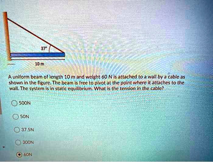 SOLVED: A Uniform Beam Of Length 10 M And Weight 60 N Is Attached To 3 ...