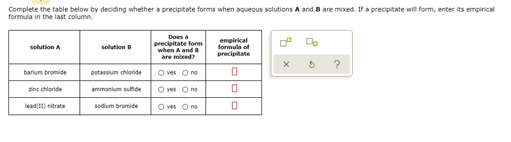 Solved Complete The Table Below By Deciding Whether Precipitate Forms When Aqueous Solutions 1659