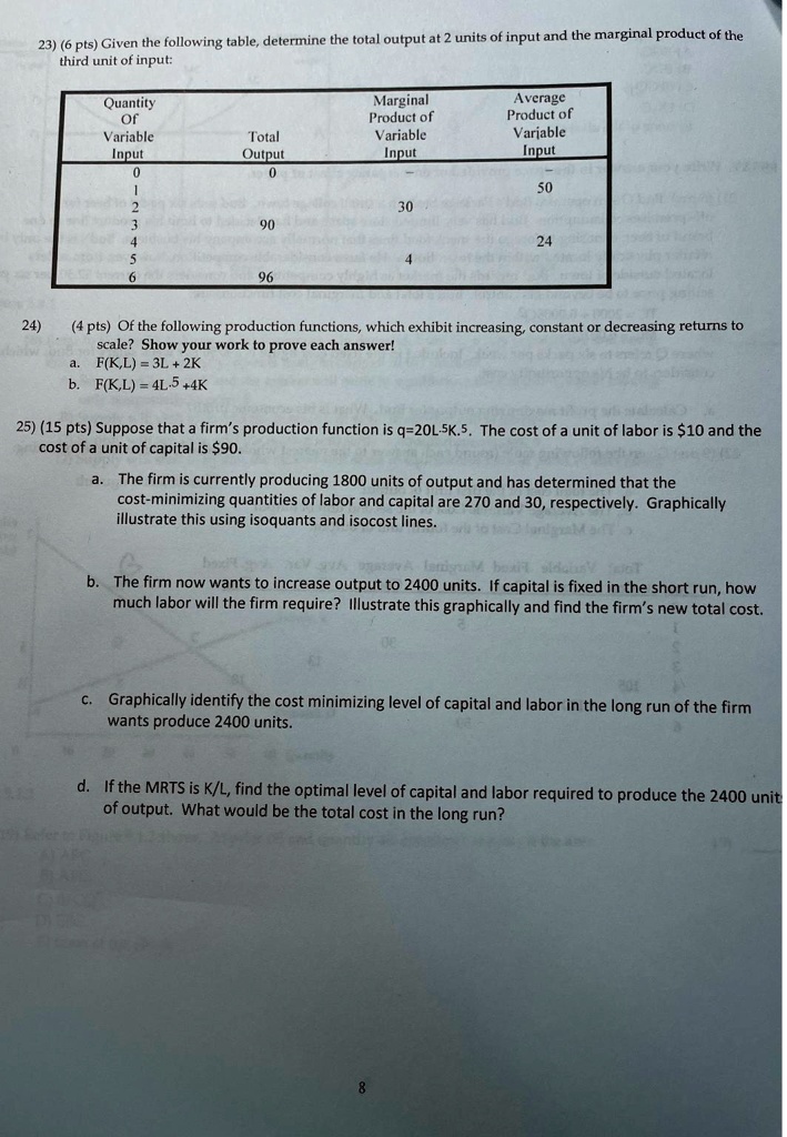 (6 pts) Given the following table, determine the total output at 2 ...