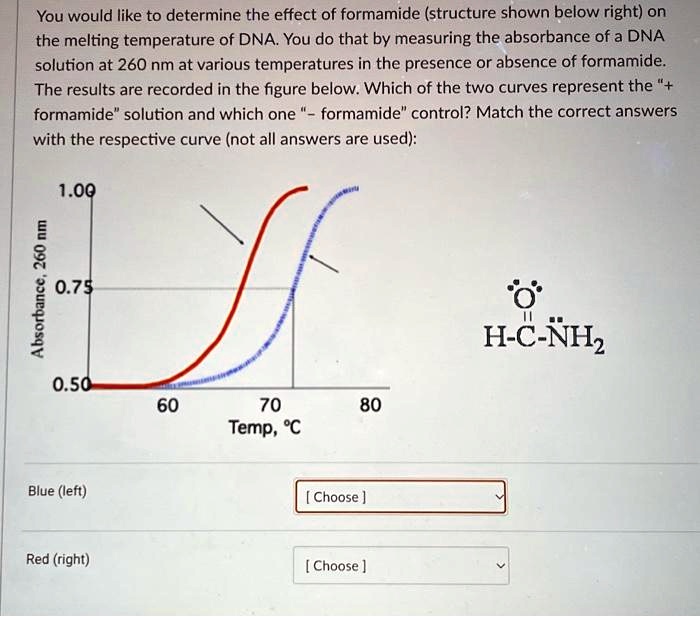 You would like to determine the effect of formamide (structure shown below right) on
the melting temperature of DNA. You do that by measuring the absorbance of a DNA
solution at 260 nm at various temperatures in the presence or absence of formamide.
The results are recorded in the figure below. Which of the two curves represent the "+
formamide" solution and which one "- formamide" control? Match the correct answers
with the respective curve (not all answers are used):
1.00
Absorbance, 260 nm
0.75
0.50
60
70
80
Temp, ^∘C
Blue (left)
[Choose]
Red (right)
[Choose]
H-C-NH2