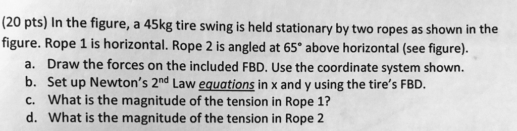 (20 pts) In the figure, a 45kg tire swing is held stationary by two ...