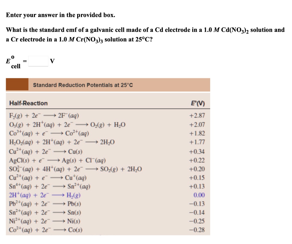 SOLVED Enter your answer in the provided box What is the standard emf