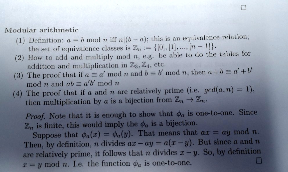 SOLVED:Modular Arithmetic (1) Definition: A = B Mod N Iff N|(b A): This ...