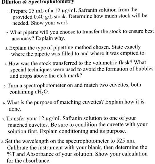 SOLVED Dilution Spectrophotometry Prepare 25 mL of a 12 Î¼g/mL