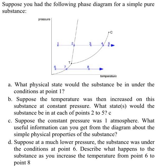 Suppose you had the following phase diagram for a simple pure
substance:

pressure

temperature

a. What physical state would the substance be in under the
conditions at point 1?
b. Suppose the temperature was then increased on this
substance at constant pressure. What state(s) would the
substance be in at each of points 2 to 5? c
c. Suppose the constant pressure was 1 atmosphere. What
useful information can you get from the diagram about the
simple physical properties of the substance?
d. Suppose at a much lower pressure, the substance was under
the conditions at point 6. Describe what happens to the
substance as you increase the temperature from point 6 to
point 8