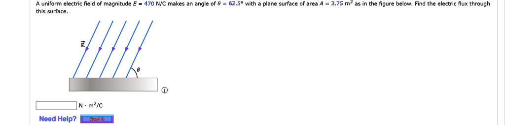 A uniform electric field of magnitude E = 470 N/C makes an angle of ? = 62.5° with a plane surface of area A = 3.75 m² as in the figure below. Find the electric flux through this surface.